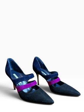 Manolo Blahnik Marule Suede Strappy Pumps Tri-Color Blue Purple EU 39.5 US 9.5